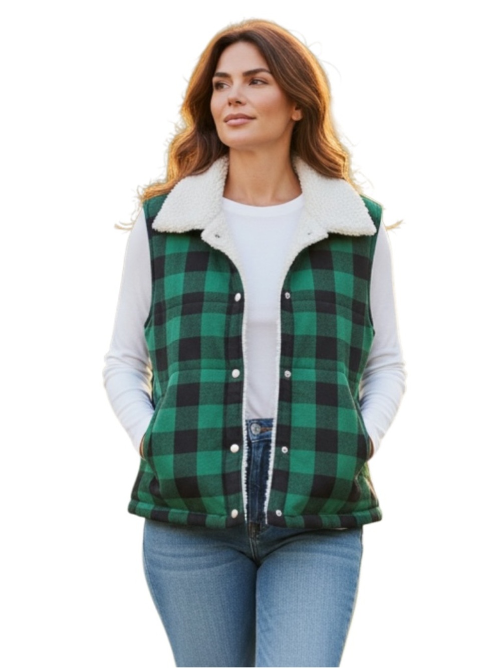 Risen Los Angeles Plaid Sherpa-Lined Vest in Green and Black - Picture 1 of 6